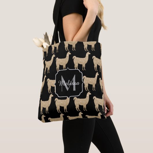 Llama Champagne Gold Sparkles-monogram Draagtas (Dichtbij)