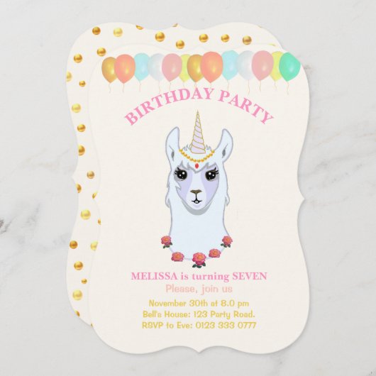 Llama-corn 7e anniversaire de fête Invitation (Devant / Derrière)