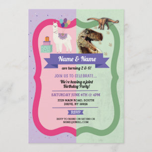 Llama & Dinosaur Invitations Boy Girl Birthday Kaart