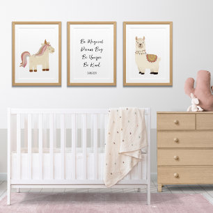 Llama Eenhoorn Boho Nursery Art, aangepaste tekstn Muurkunst Sets
