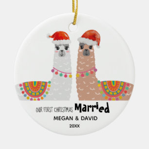 Llama Eerste Kerstfeest Gehuwd met Funny Santa Hat Keramisch Ornament