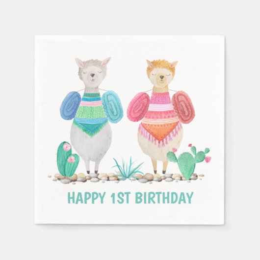 Llama en Cacti Waterverf gepersonaliseerd Servet (Voorkant)