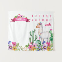 Llama en Cactus Bloemen Baby Naam Milestone Foto