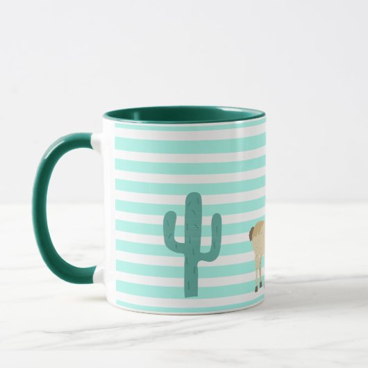 Llama en cactus op groene en witte strepen mok (Links)