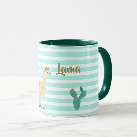 Llama en cactus op groene en witte strepen mok (Voorkant rechts)