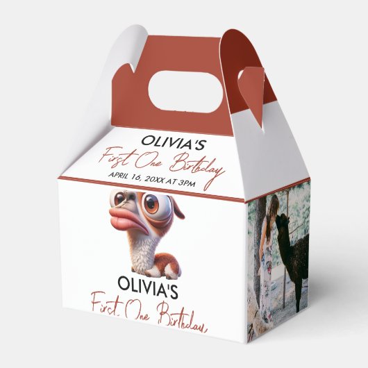 Llama Fiesta Grappige Karikatuur 1e Verjaardag Bedankdoosjes (Achterkant)