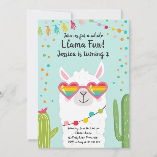 Llama Fiesta Hart Zonnebril Verjaardag Uitnodiging (Voorkant)