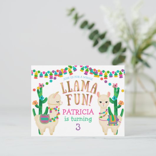 Llama, Fiesta verjaardagsuitnodiging briefkaart (Staand voorkant)