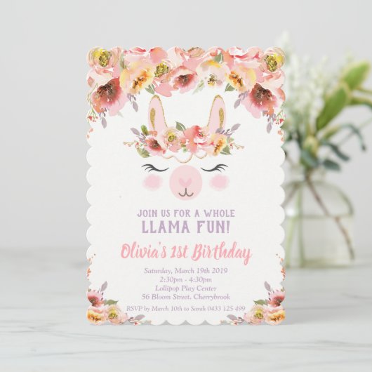 Llama Fun 1st Verjaardag Uitnodigingen Meisjes Blo (Staand voorkant)