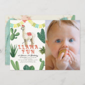 Llama Fun Alpaca Cactus 1e Verjaardag Foto Kaart (Voorkant / Achterkant)