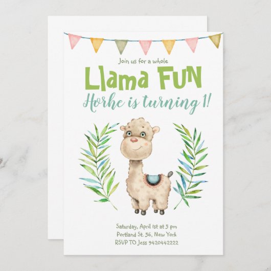 Llama Fun Alpaca Waterverf Verjaardagsuitnodiging Kaart (Voorkant / Achterkant)