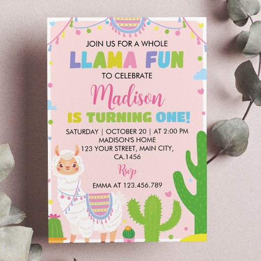 Llama Fun Girl 1er anniversaire Invitation