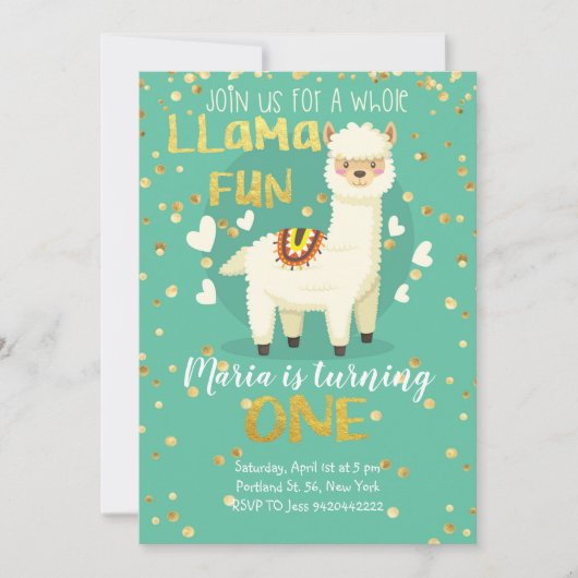Llama Fun Gold et Green Anniversaire Invitation (Devant)