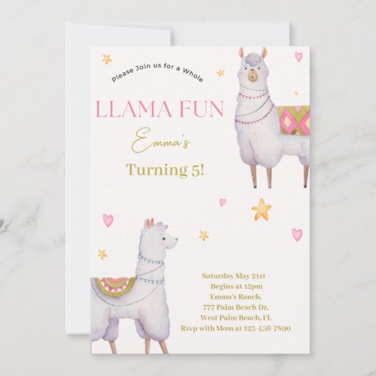 Llama Fun Llama thème invitation anniversaire (Devant)