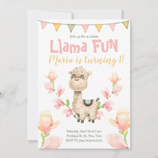 Llama Fun Rose Aquarelle Anniversaire Invitation (Devant)