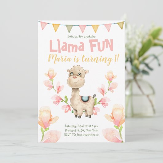 Llama Fun Rose Aquarelle Anniversaire Invitation (Debout devant)