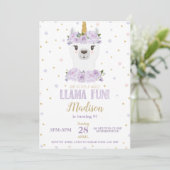 Llama Fun Verjaardagsfeest Paarse Bloemen Meisje Kaart (Staand voorkant)