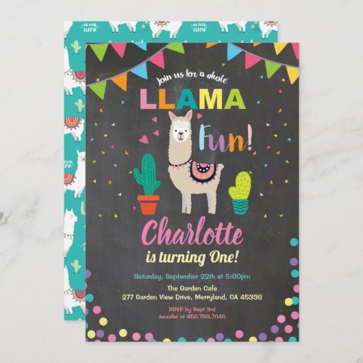 Llama invitation anniversaire. amusant fille premi (Devant / Derrière)