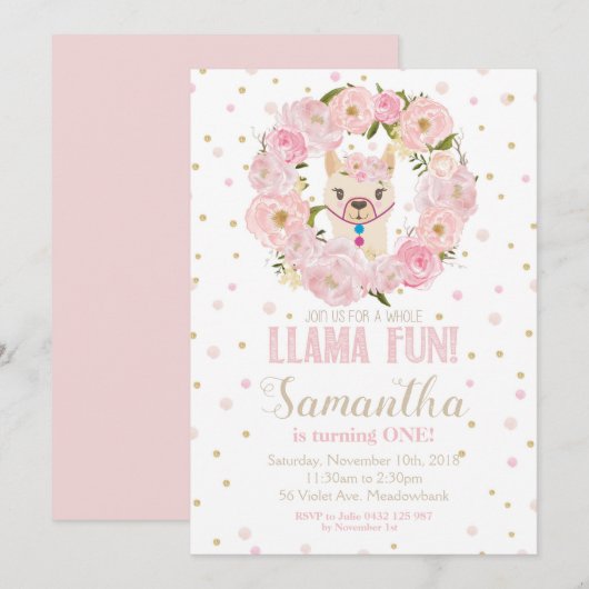 Llama Invitation anniversaire Blush Floral Girl (Devant / Derrière)