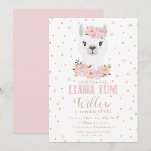 Llama Invitation anniversaire Blush Floral Girl (Devant / Derrière)