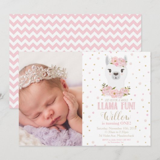 Llama Invitation Anniversaire Blush Floral Girl Ph (Devant / Derrière)