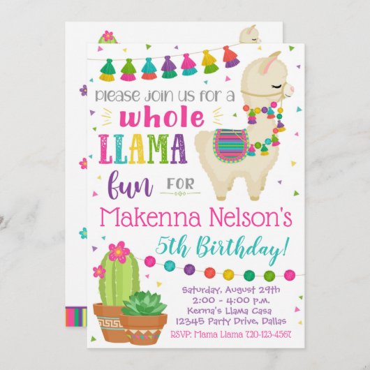 Llama Invitation anniversaire Llama Party (Devant / Derrière)