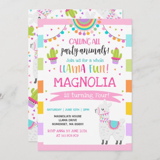 Llama Invitation Anniversaire Toute la Llama Fun P (Devant / Derrière)