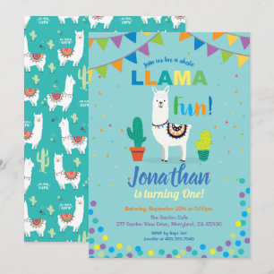 Llama leuke eerste verjaardag uitnodiging. Turkooi Kaart