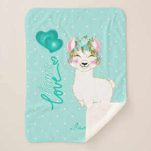 Llama Love in Blauwgroen Floral Design Sherpa Deken
