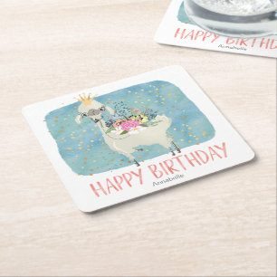 Llama Love Waterverf Cute Fun Birthday Party Vierkante Kartonnen Onderzetter