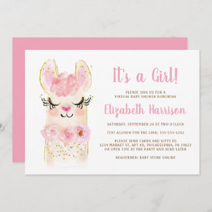 Llama Mama Pink Baby Girl Virtual Shower Invitatio Kaart