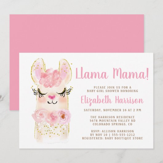 Llama Mama Pink Baby shower Uitnodiging (Voorkant / Achterkant)