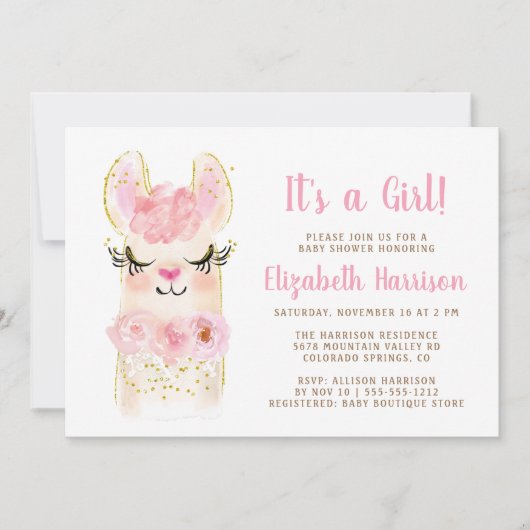 Llama Mama rose bébé fille douche Invitation (Devant)
