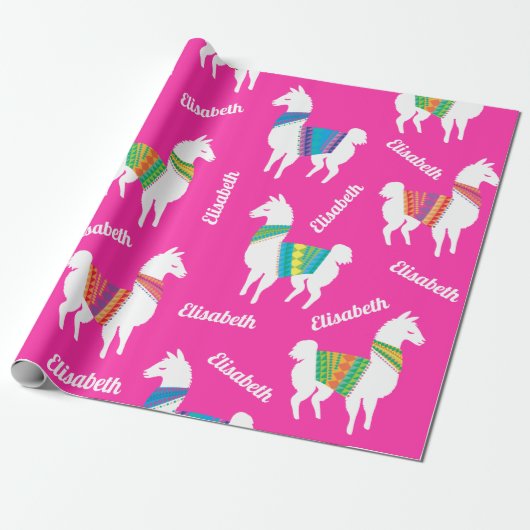Llama Meisjes Verjaardag Custom Naam en Kleur Cadeaupapier (Uitgerold)