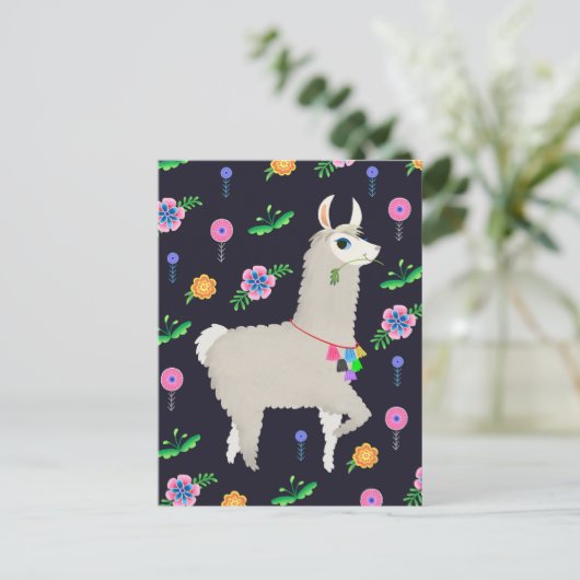 Llama met bloemen briefkaart (Staand voorkant)