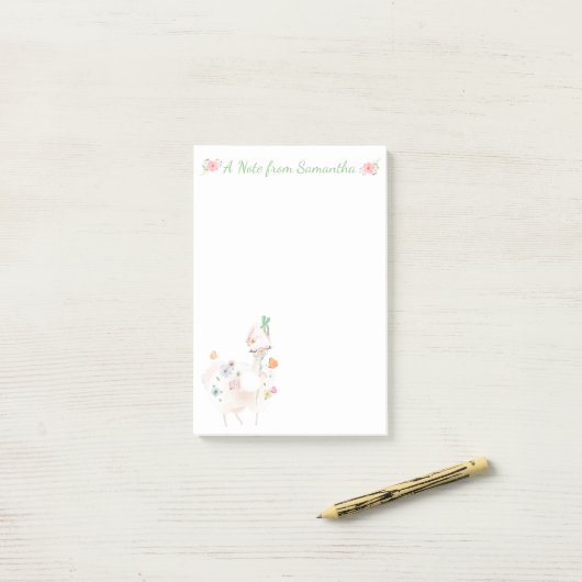  Llama met bloemen en groen lintje Post-it® Notes (Op bureau)