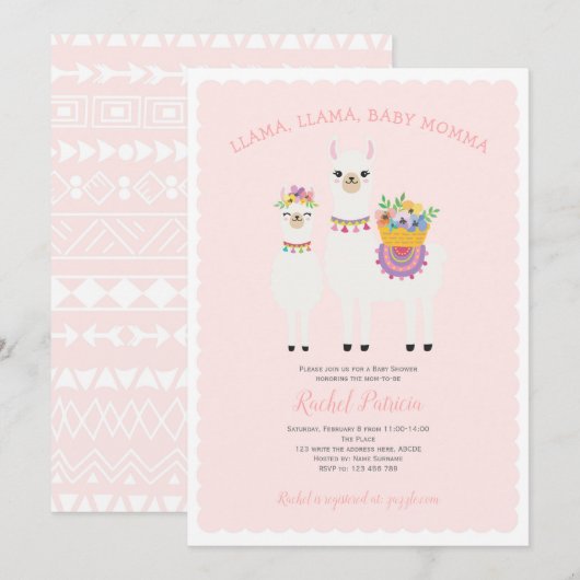 Llama Momma- Cute, Baby Girl Shower Kaart (Voorkant / Achterkant)