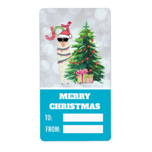 Llama op Silver Bokeh en Icy Blue Kerstmis Etiket