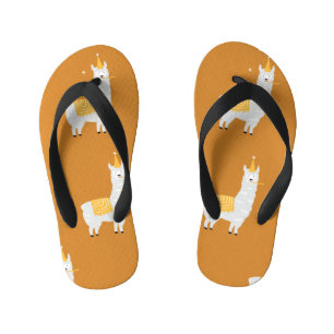 Llama, oranje achtergrond: verjaardagspatroon. kinder teenslippers