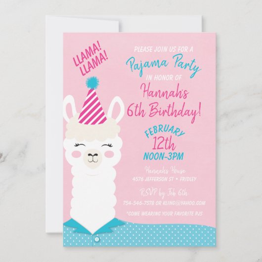 Llama Pajama Party Invitation d'anniversaire (Devant)