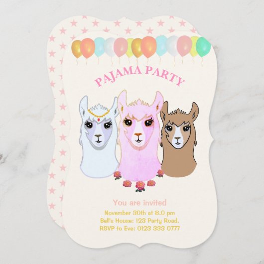 Llama Pajama Party Uitnodiging (Voorkant / Achterkant)