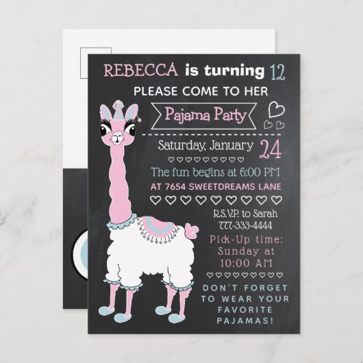 Llama Pajama Sleepover Party Chalkboard Carte post (Devant / Derrière)