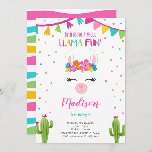 Llama plezier met cactus verjaardag uitnodiging (Voorkant / Achterkant)