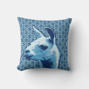 Llama-portret op Aztec Pattern, Denim Blue Kussen