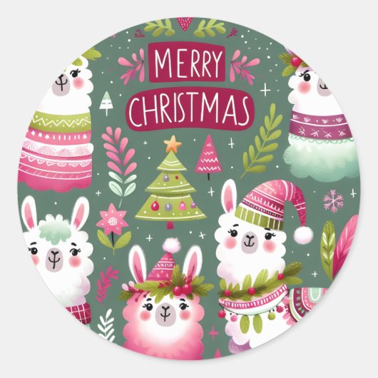Llama Prettig Kerstfeest Ronde Sticker (Voorkant)