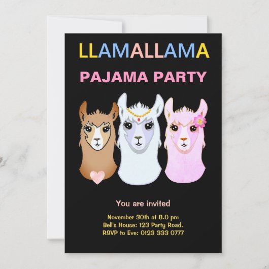 Llama Pyjama Feest Uitnodiging (Voorkant)