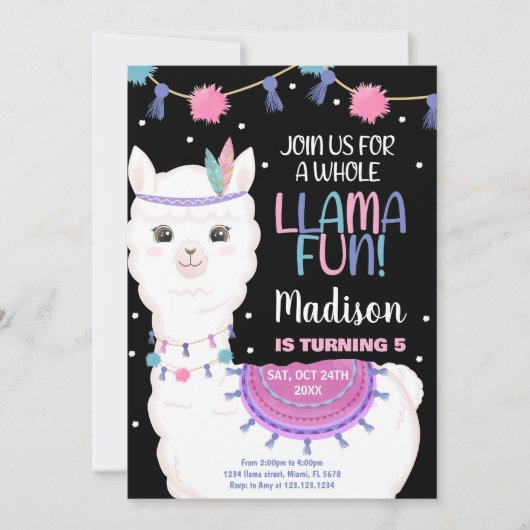 Llama rose Fun Llama Invitations Anniversaire (Devant)