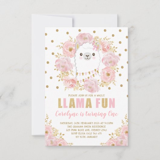 Llama / Roze Gold Floral Alpaca Birthday Kaart (Voorkant)