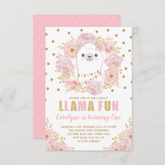 Llama / Roze Gold Floral Alpaca Birthday Kaart (Voorkant / Achterkant)