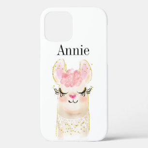 Llama Roze Waterverf Naam iPhone 12 Hoesje